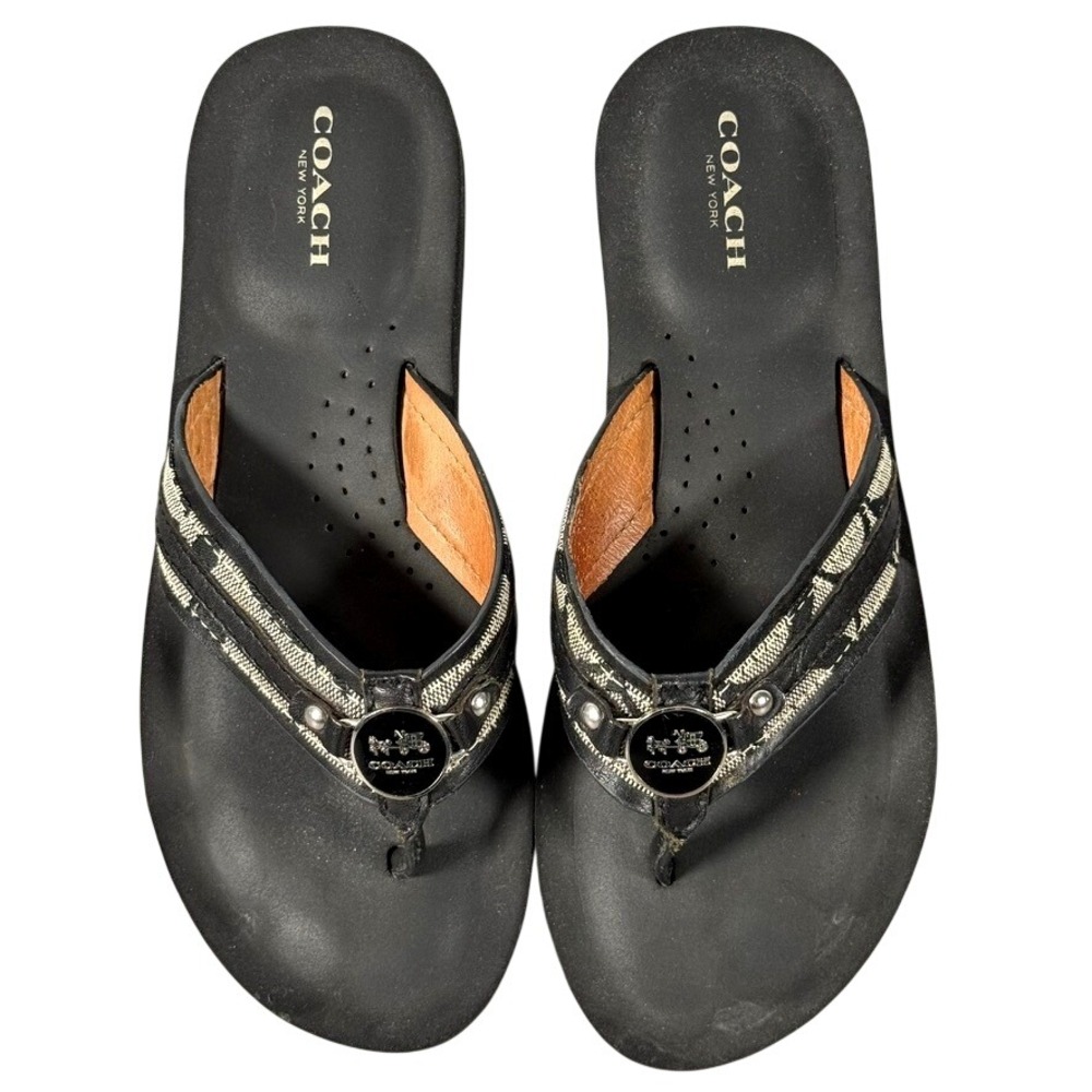 Coach Jasmine Signature C Wedge Thong Sandals Black Khaki 6.5B EU 36.5 China